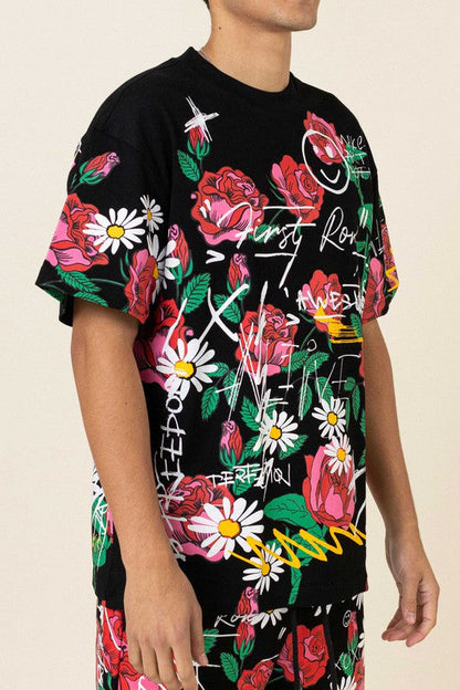 Allover Rose Bloom Print Tee black by First Row | Fleurcouture