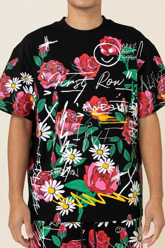 Allover Rose Bloom Print Tee black M by First Row | Fleurcouture