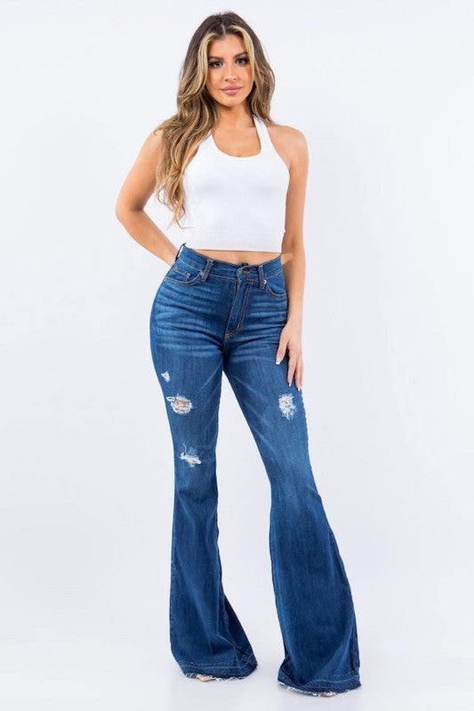 Amber Bell Bottom Jean - 36&quot; Inseam medium. blue by GJG Denim | Fleurcouture