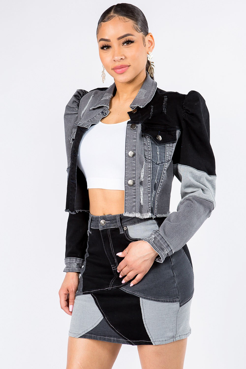 American Bazi Button Up Cropped Patchwork Denim Jacket Black Women&