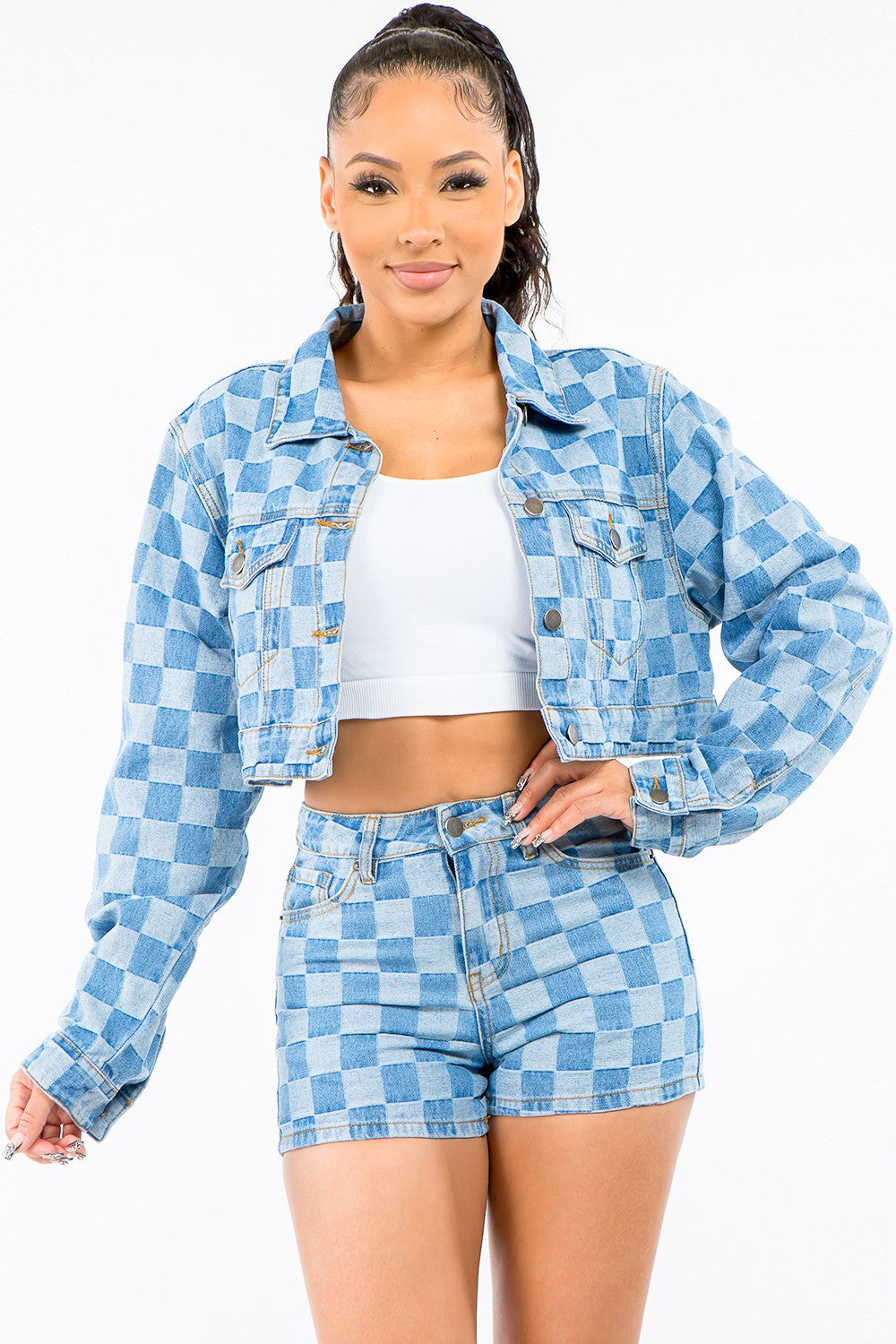 American Bazi Checkered Long Sleeve Cropped Denim Jacket Blue S Women&