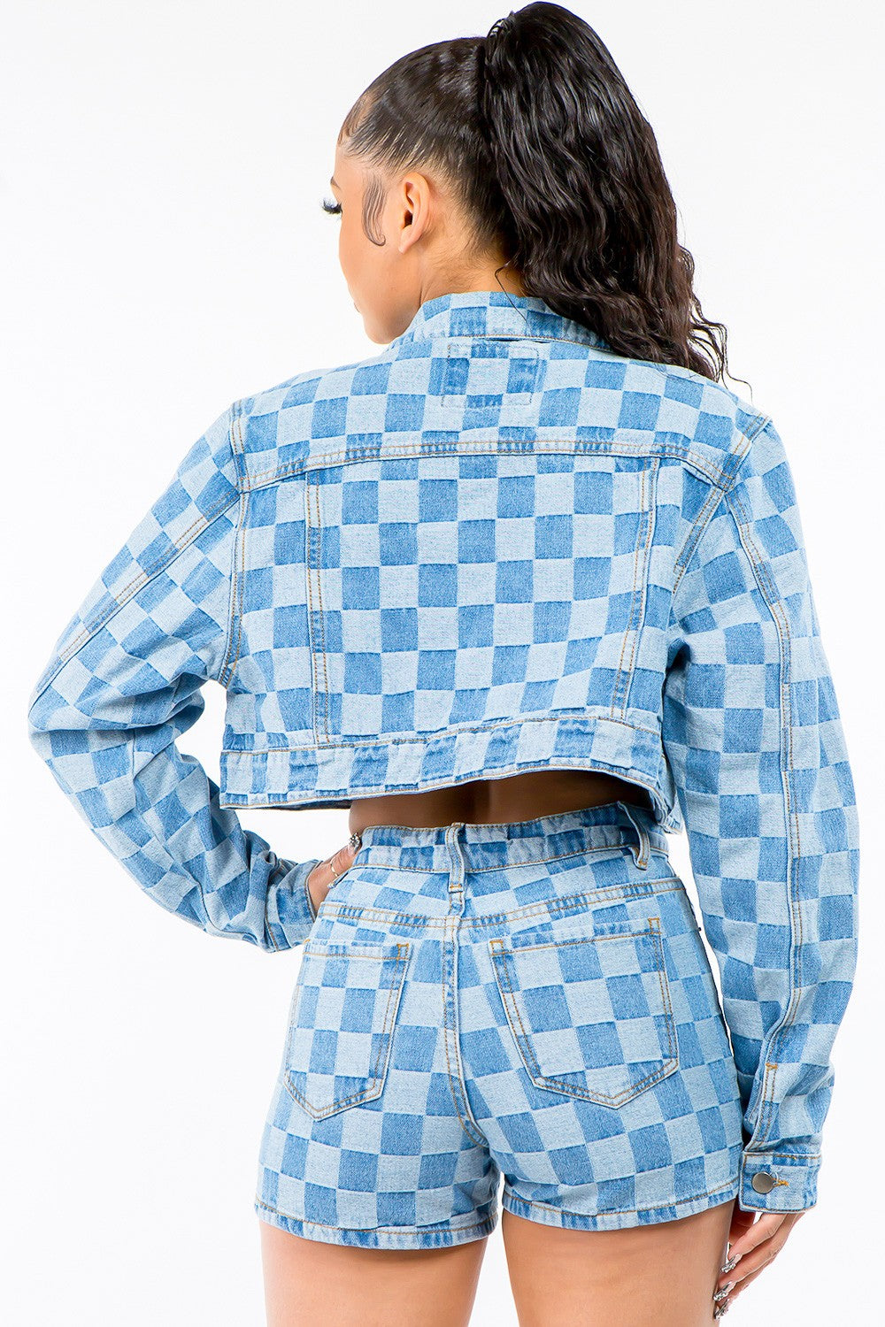 American Bazi Checkered Long Sleeve Cropped Denim Jacket Blue Women&