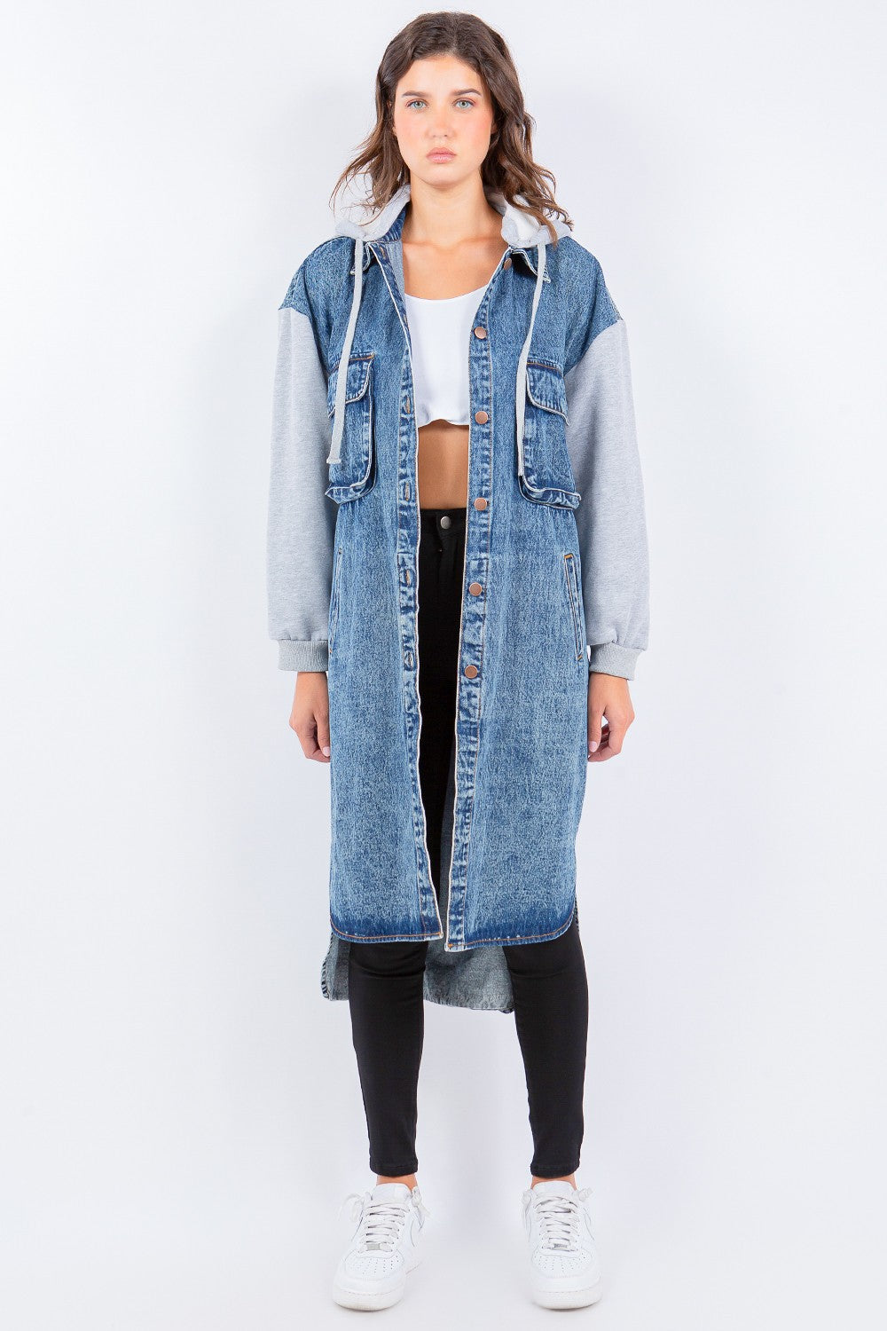 American Bazi Contrast Longline Hooded Denim Jacket Blue/Grey S Women&