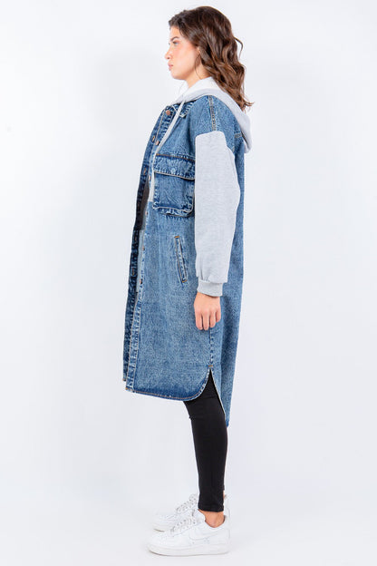 American Bazi Contrast Longline Hooded Denim Jacket Blue/Grey Women&