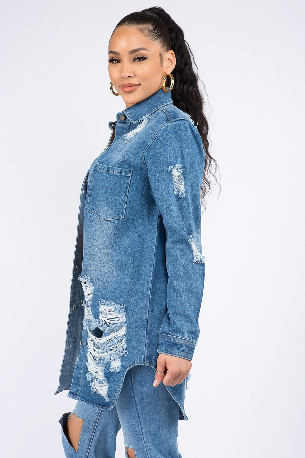 American Bazi Distressed Button Down Denim Shirt Jacket Medium Blue Women&