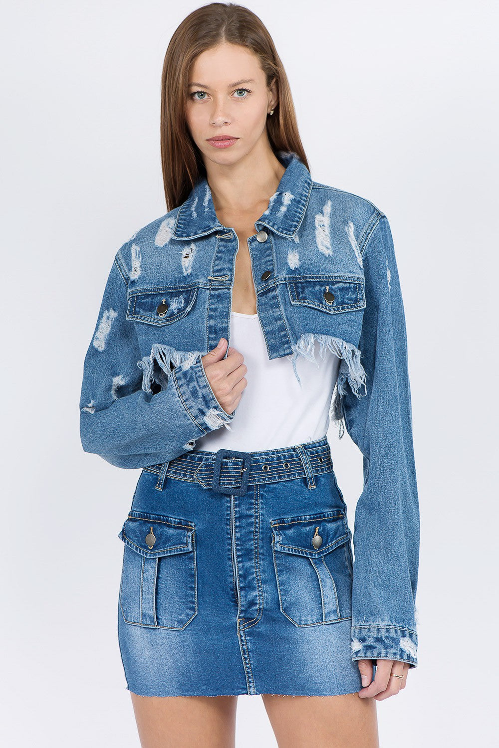 American Bazi Distressed Denim Jacket with Frayed Hem Blue S Women&