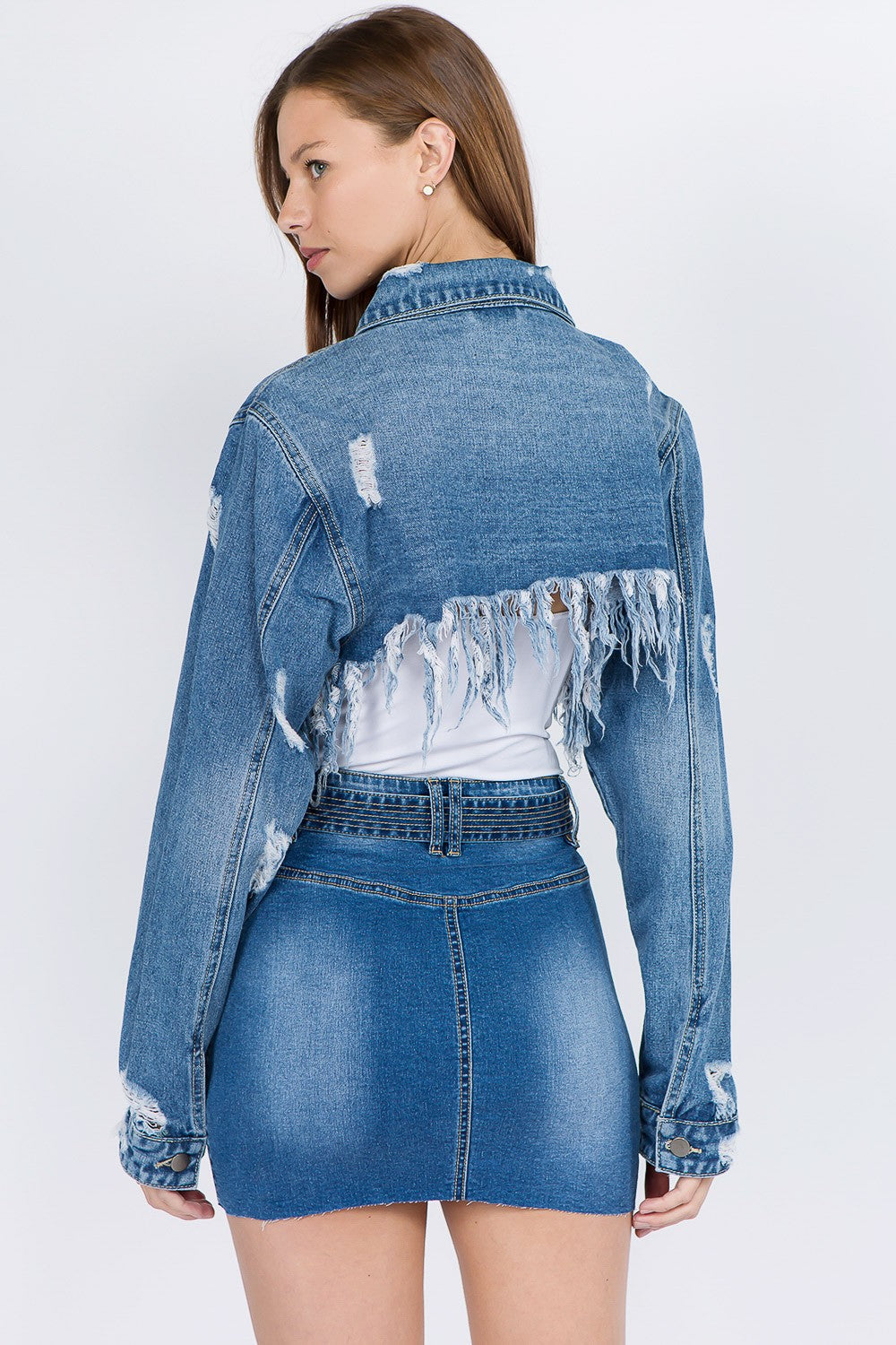 American Bazi Distressed Denim Jacket with Frayed Hem Blue Women&