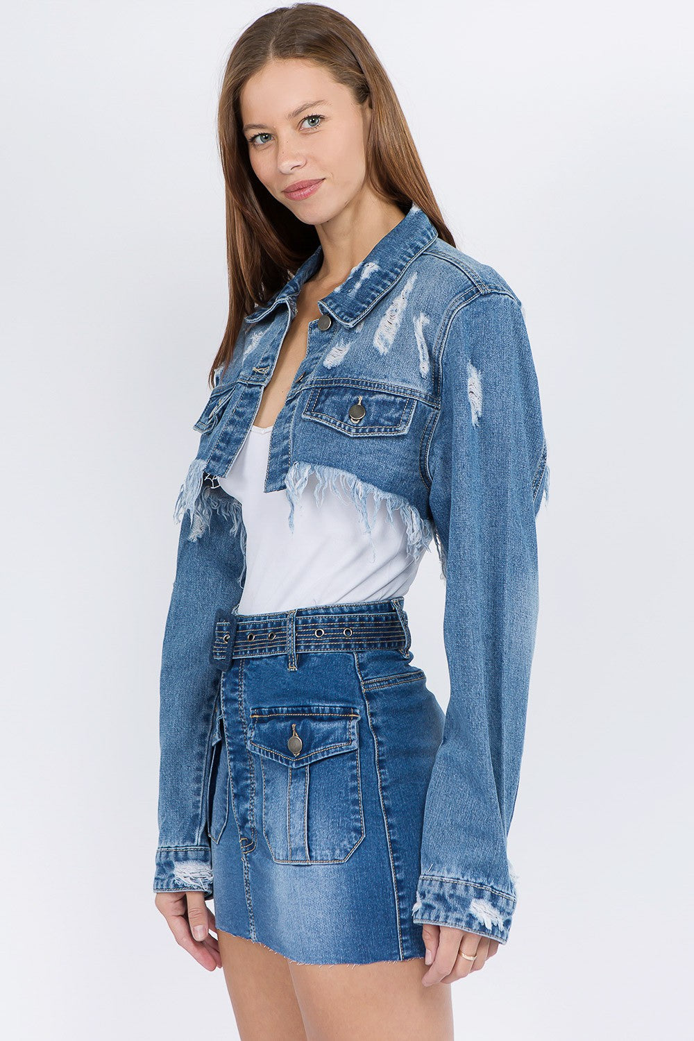 American Bazi Distressed Denim Jacket with Frayed Hem Blue Women&