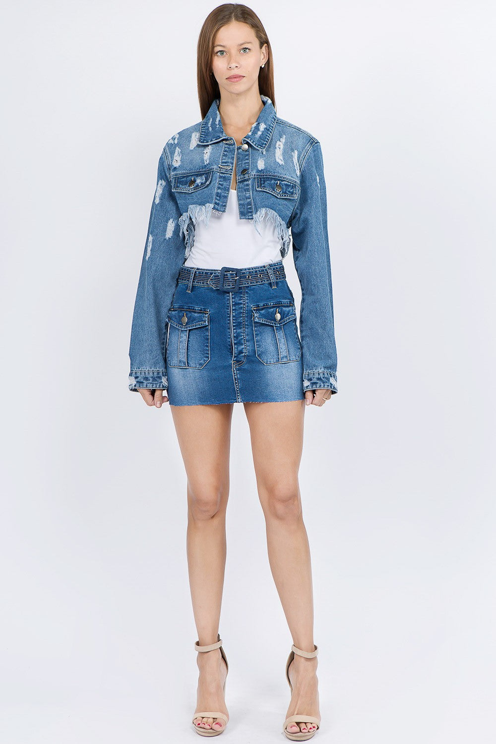 American Bazi Distressed Denim Jacket with Frayed Hem Blue Women&