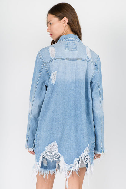 American Bazi Distressed Frayed Hem Denim Jacket LT Blue Women&