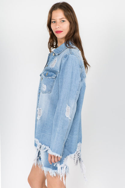 American Bazi Distressed Frayed Hem Denim Jacket LT Blue Women&