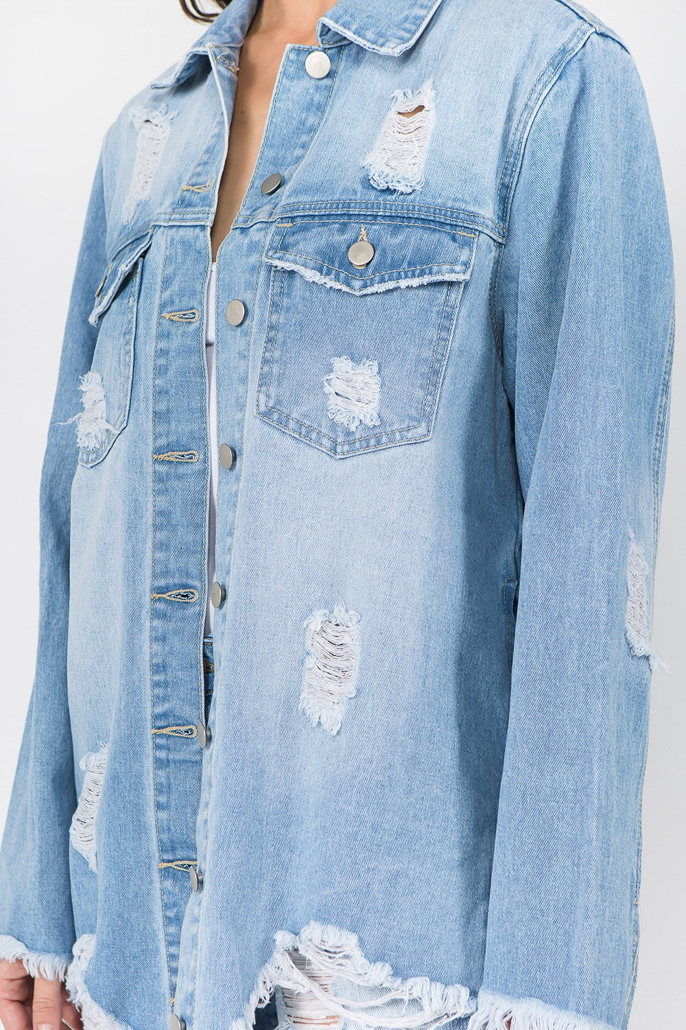 American Bazi Distressed Frayed Hem Denim Jacket LT Blue Women&