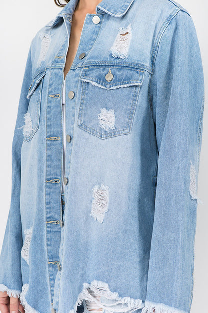 American Bazi Distressed Frayed Hem Denim Jacket LT Blue Women&