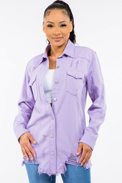 American Bazi Frayed Hem Distressed Denim Jacket Lavender S Women&