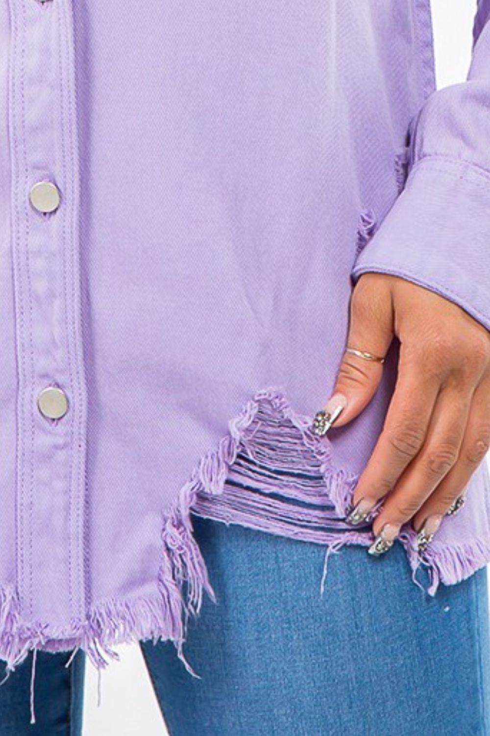 American Bazi Frayed Hem Distressed Denim Jacket Lavender Women&