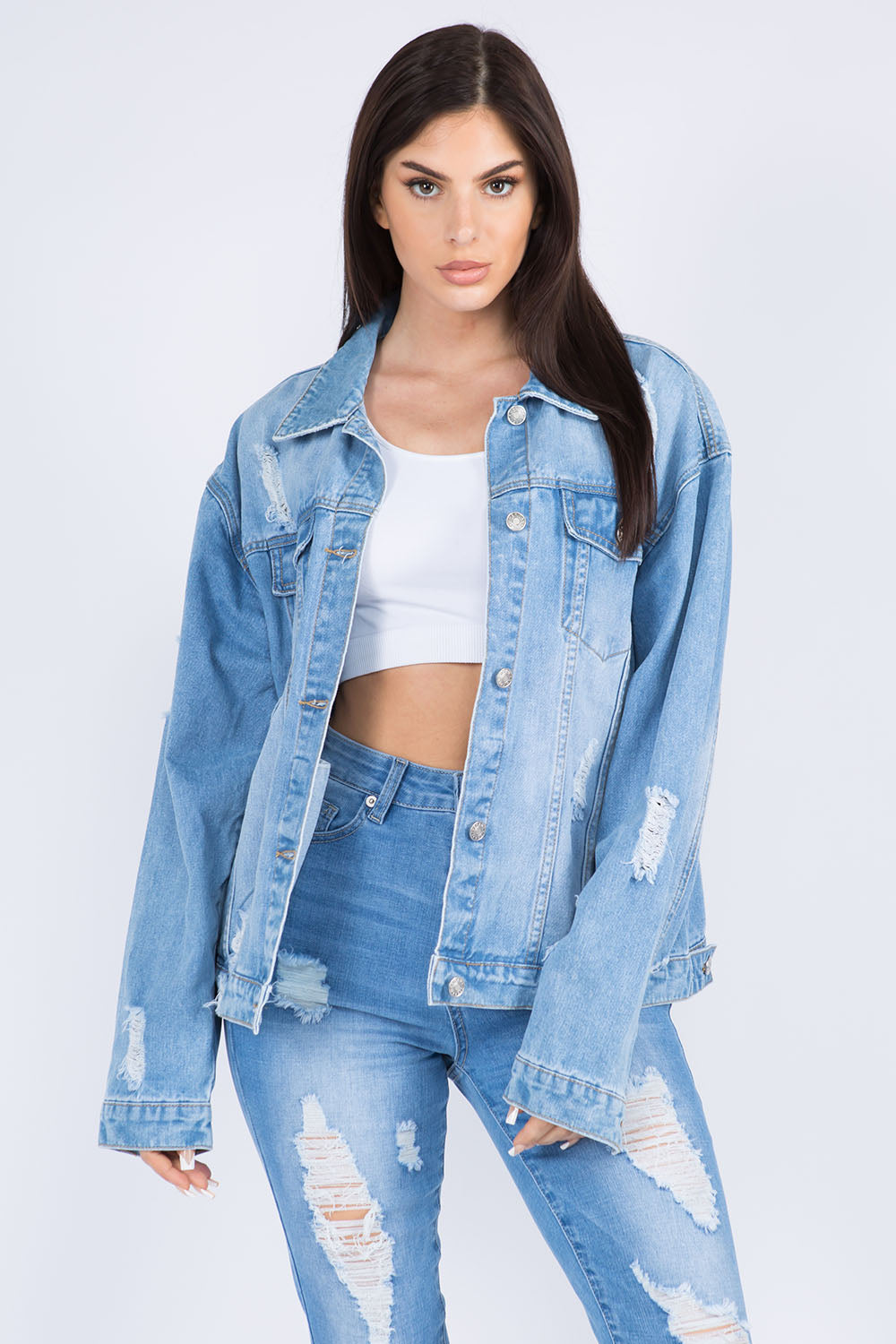 American Bazi Full Size Painted Back Distressed Denim Jacket Blue S Women&