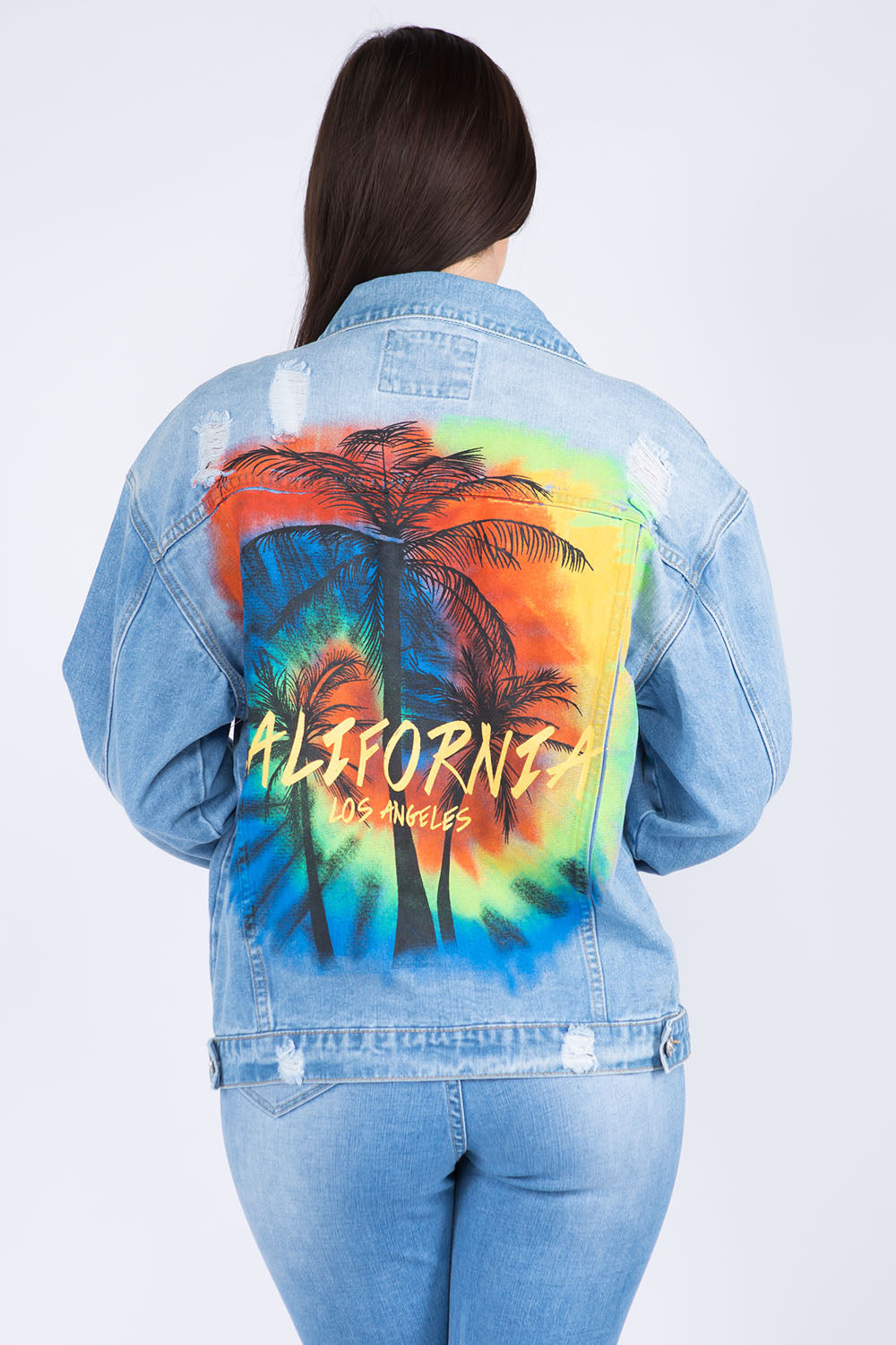 American Bazi Full Size Painted Back Distressed Denim Jacket Blue Women&