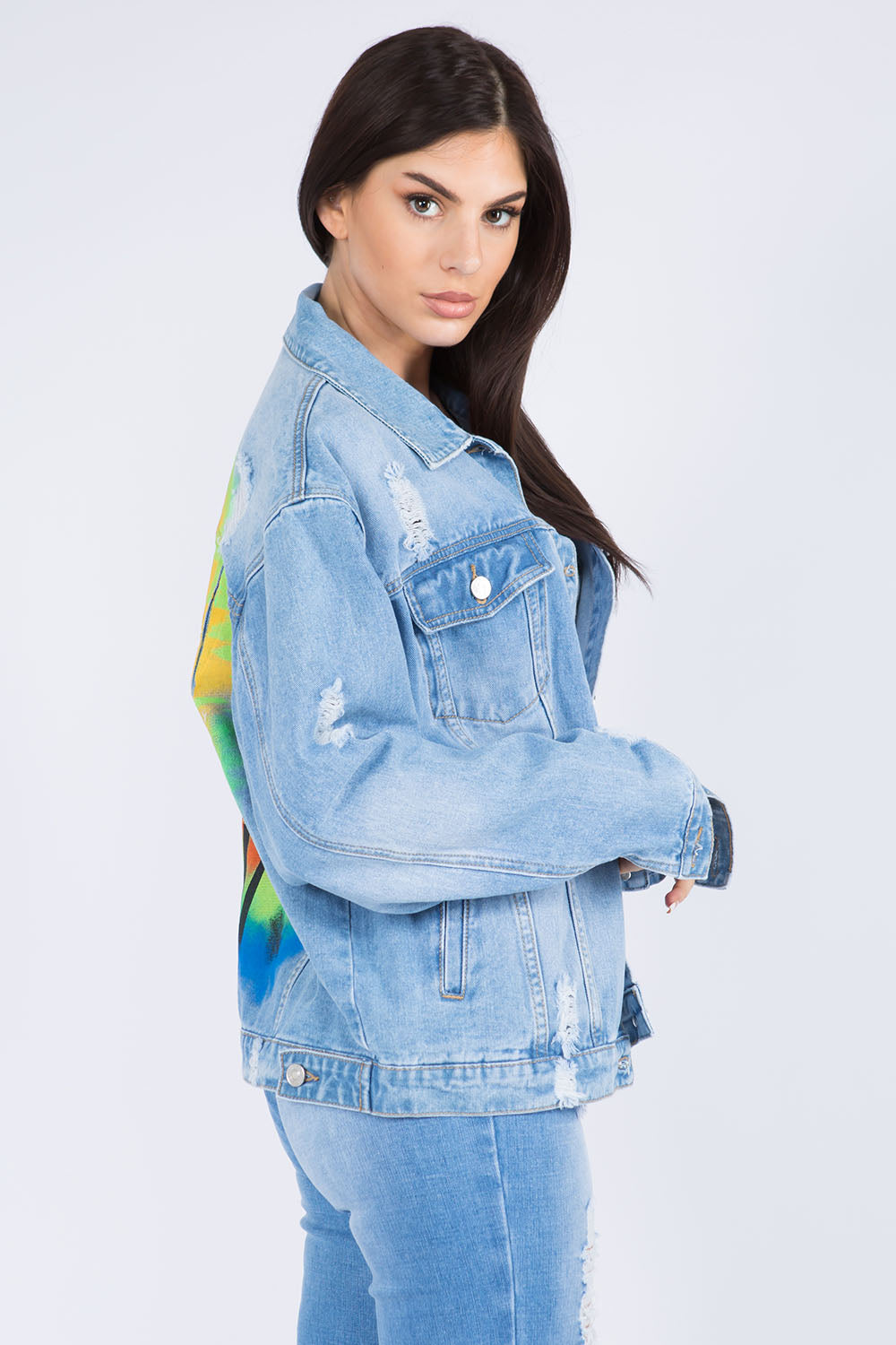 American Bazi Full Size Painted Back Distressed Denim Jacket Blue Women&