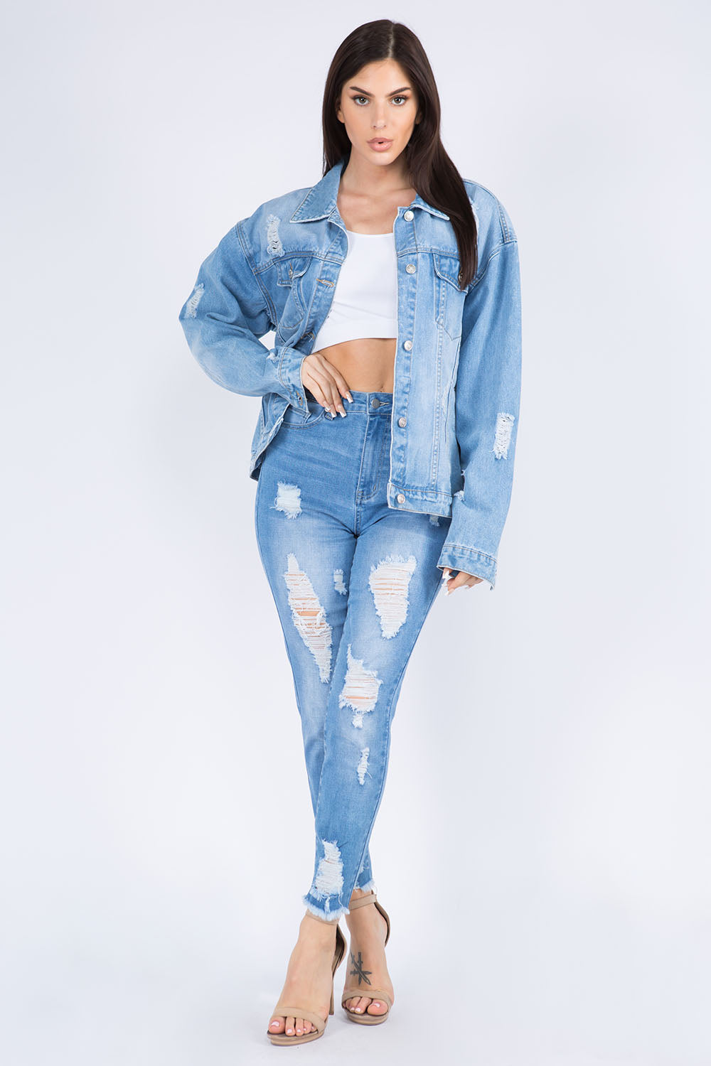 American Bazi Full Size Painted Back Distressed Denim Jacket Blue Women&