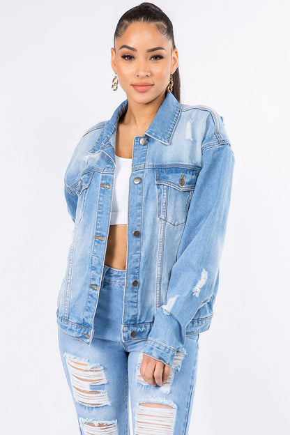 American Bazi Graphic Distressed Long Sleeve Denim Jacket Blue S Women&