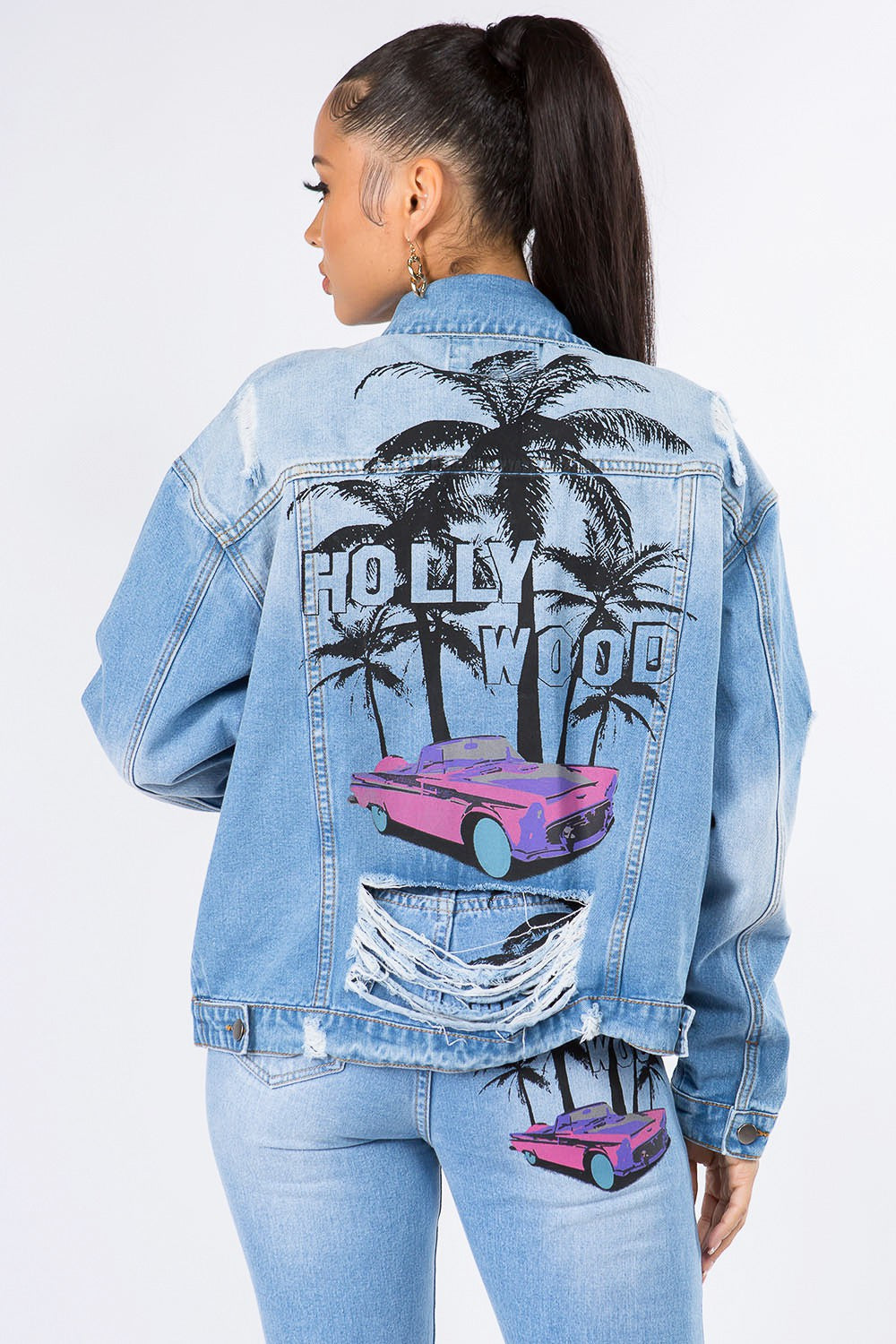 American Bazi Graphic Distressed Long Sleeve Denim Jacket Blue Women&