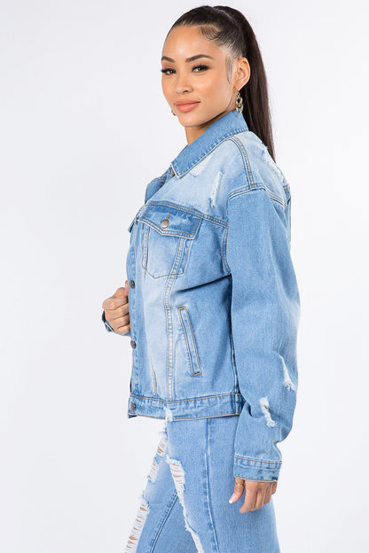 American Bazi Graphic Distressed Long Sleeve Denim Jacket Blue Women&