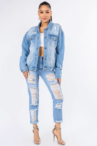 American Bazi Graphic Distressed Long Sleeve Denim Jacket Blue Women&