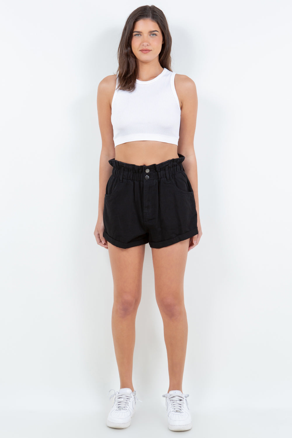 American Bazi High Waist Paper Bag Shorts Black Women&