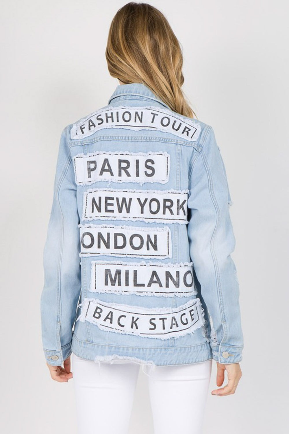 American Bazi Letter Patched Distressed Denim Jacket Light Blue S Women&