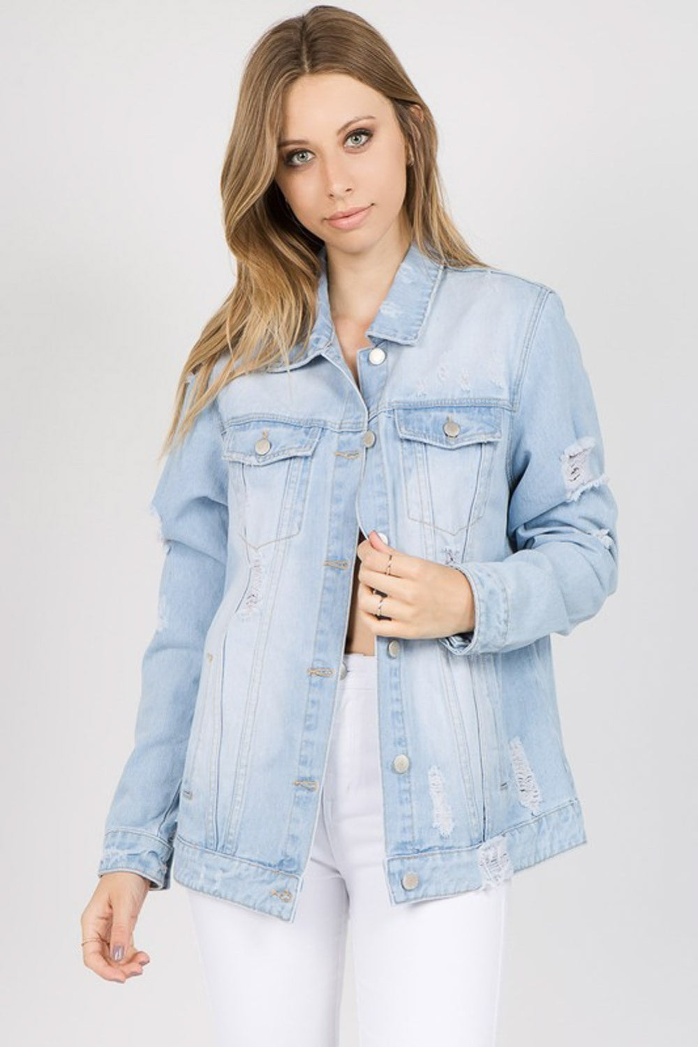 American Bazi Letter Patched Distressed Denim Jacket Light Blue Women&