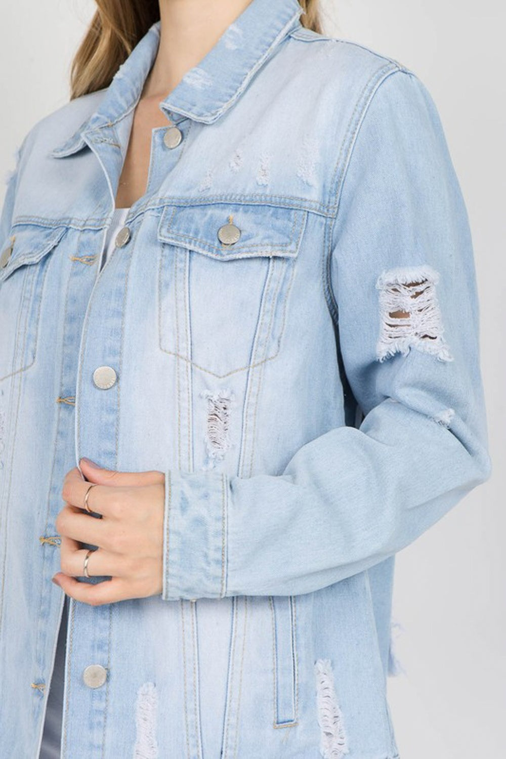 American Bazi Letter Patched Distressed Denim Jacket Light Blue Women&