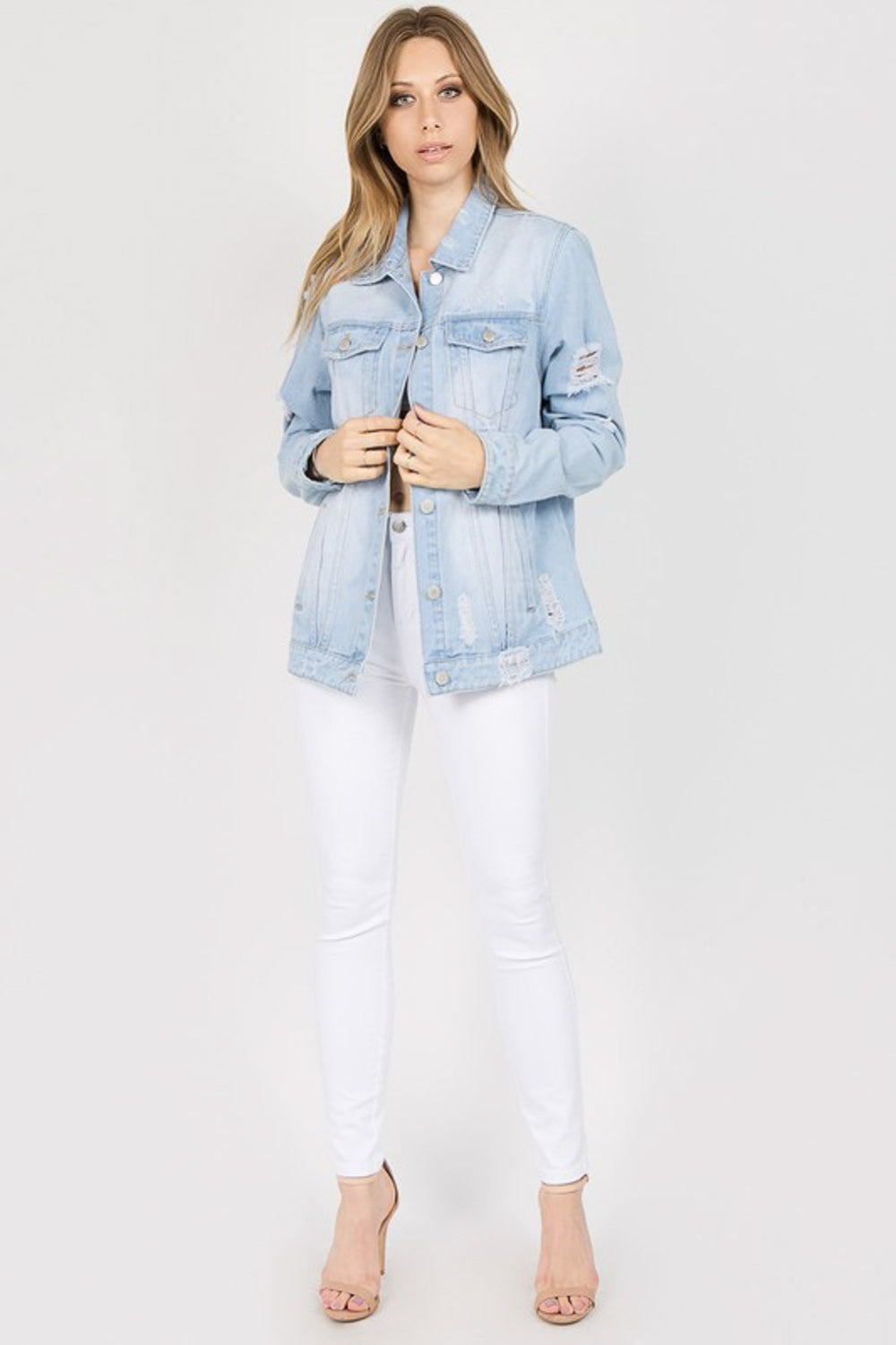 American Bazi Letter Patched Distressed Denim Jacket Light Blue Women&