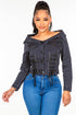 American Bazi Off Shoulder Lace Up Denim Jacket Black S Women&