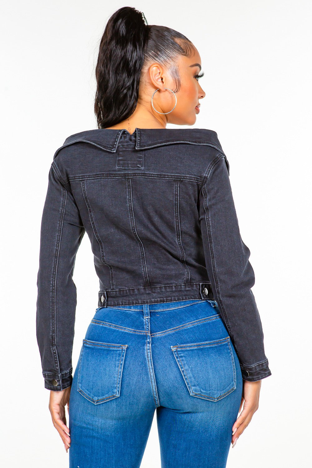 American Bazi Off Shoulder Lace Up Denim Jacket Black Women&