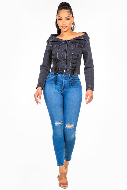 American Bazi Off Shoulder Lace Up Denim Jacket Black Women&