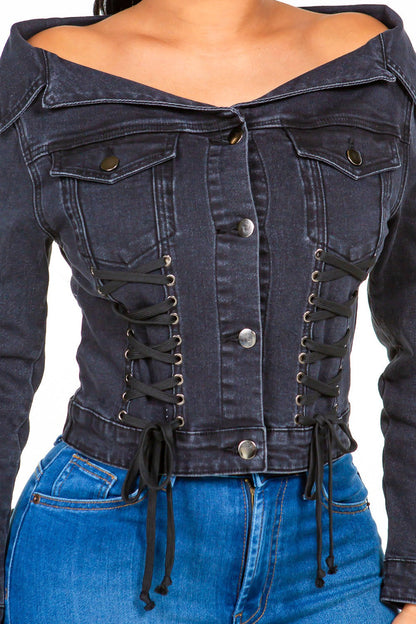 American Bazi Off Shoulder Lace Up Denim Jacket Black Women&