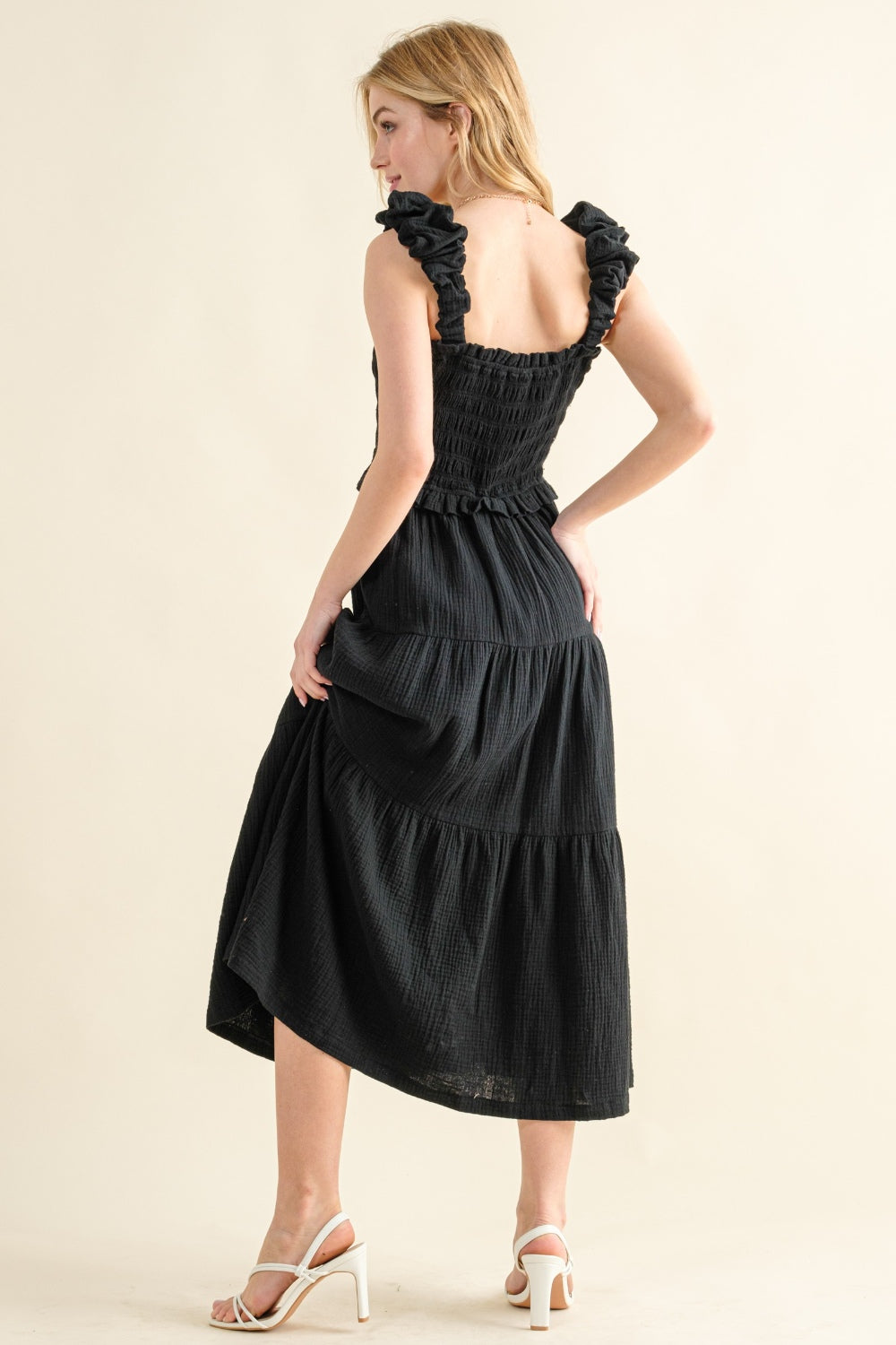 And The Why Smocked Ruffled Tiered Dress Black Dresses by Trendsi | Fleurcouture