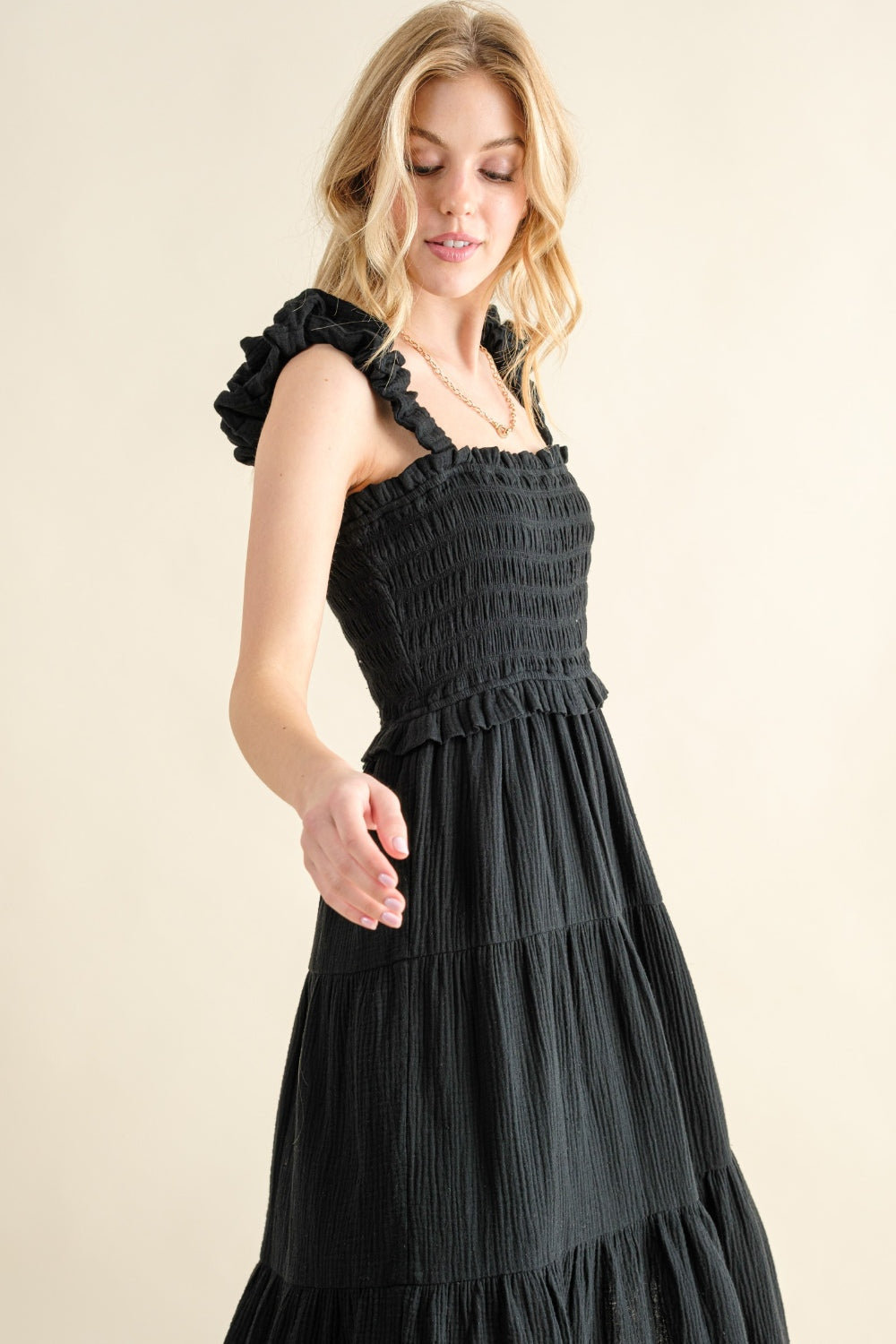 And The Why Smocked Ruffled Tiered Dress Black Dresses by Trendsi | Fleurcouture