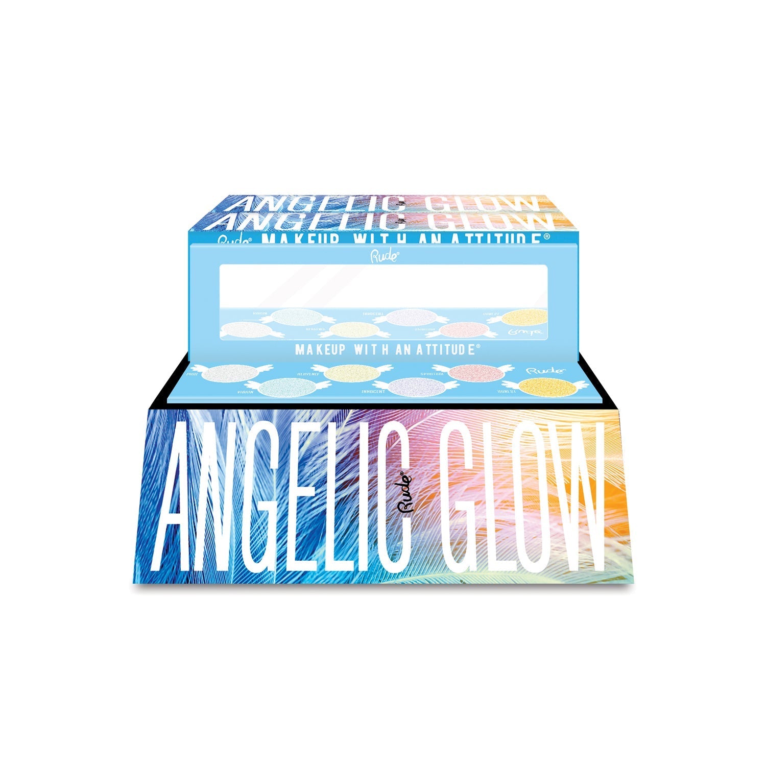 Angelic Glow Highlighter and Eyeshadow Palette Display Set, 24pcs Wholesale Set by Rude Cosmetics | Fleurcouture