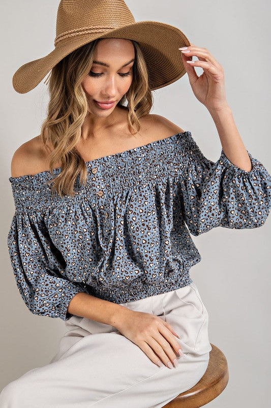 Animal Print Smocked Off the Shoulder Top by eesome | Fleurcouture