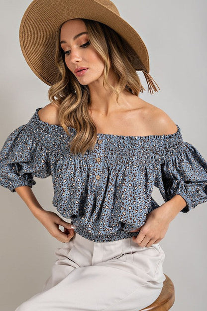 Animal Print Smocked Off the Shoulder Top by eesome | Fleurcouture