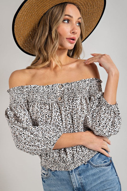 Animal Print Smocked Off the Shoulder Top by eesome | Fleurcouture