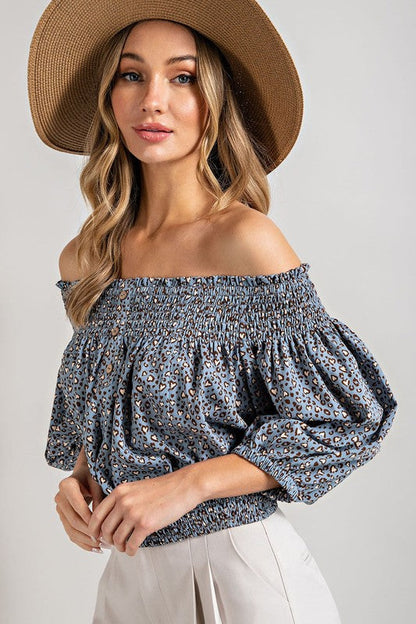 Animal Print Smocked Off the Shoulder Top by eesome | Fleurcouture