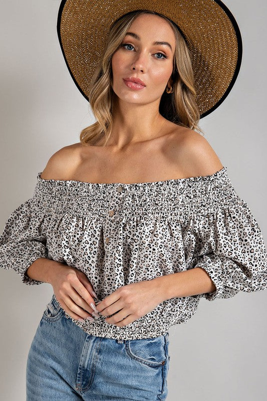 Animal Print Smocked Off the Shoulder Top by eesome | Fleurcouture