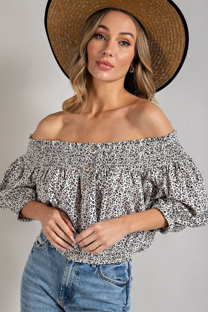 Animal Print Smocked Off the Shoulder Top by eesome | Fleurcouture