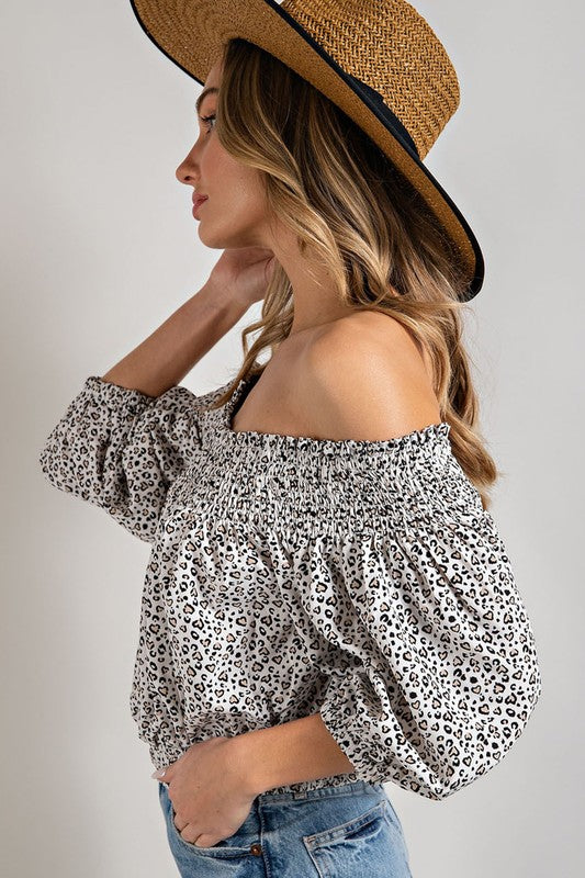 Animal Print Smocked Off the Shoulder Top by eesome | Fleurcouture