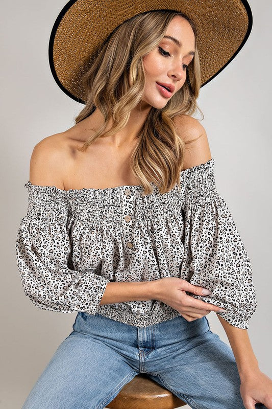 Animal Print Smocked Off the Shoulder Top OFF WHITE S by eesome | Fleurcouture