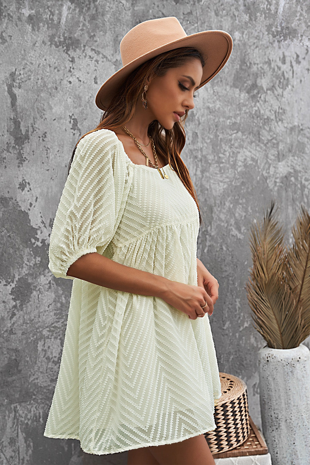 Apricot Square Neck Puff Sleeve Babydoll Mini Dress Apricot 100%Polyester Dresses/Mini Dresses by Fleurcouture | Fleurcouture