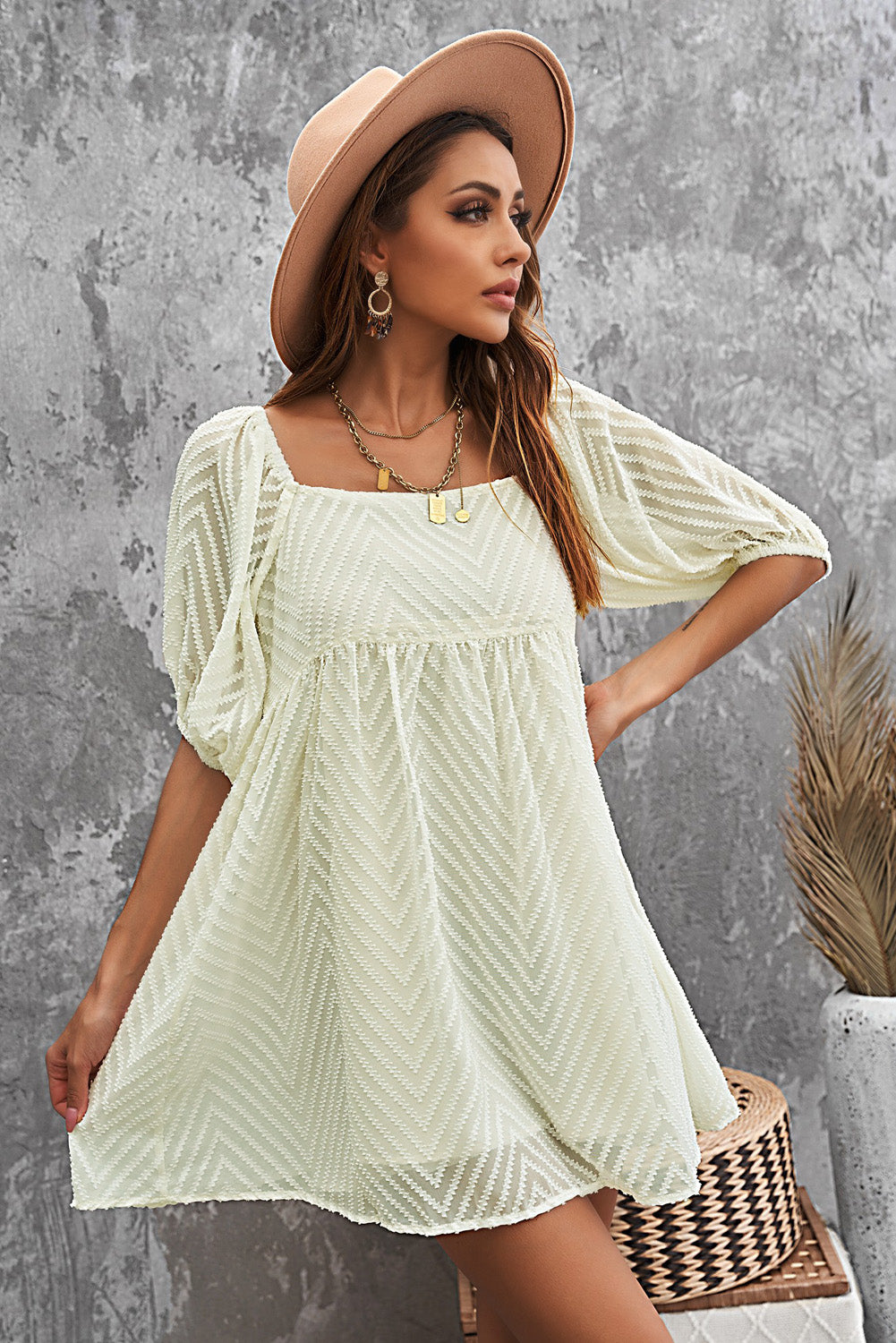 Apricot Square Neck Puff Sleeve Babydoll Mini Dress Apricot 100%Polyester Dresses/Mini Dresses by Fleurcouture | Fleurcouture