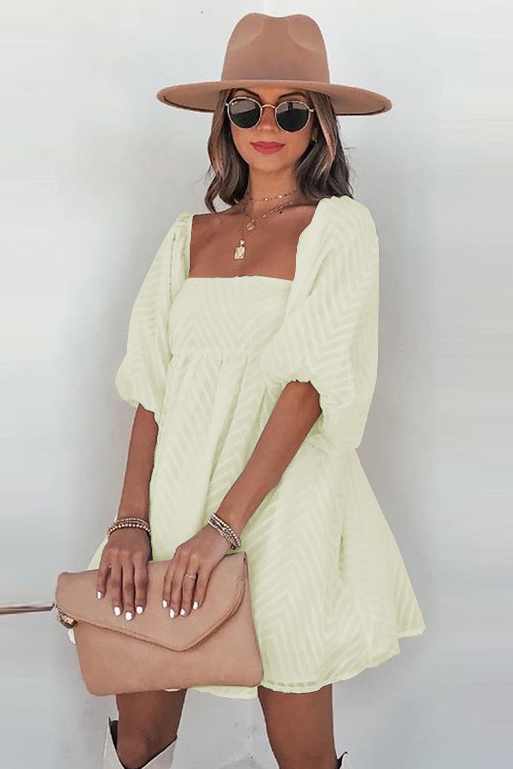 Apricot Square Neck Puff Sleeve Babydoll Mini Dress Apricot 100%Polyester Dresses/Mini Dresses by Fleurcouture | Fleurcouture